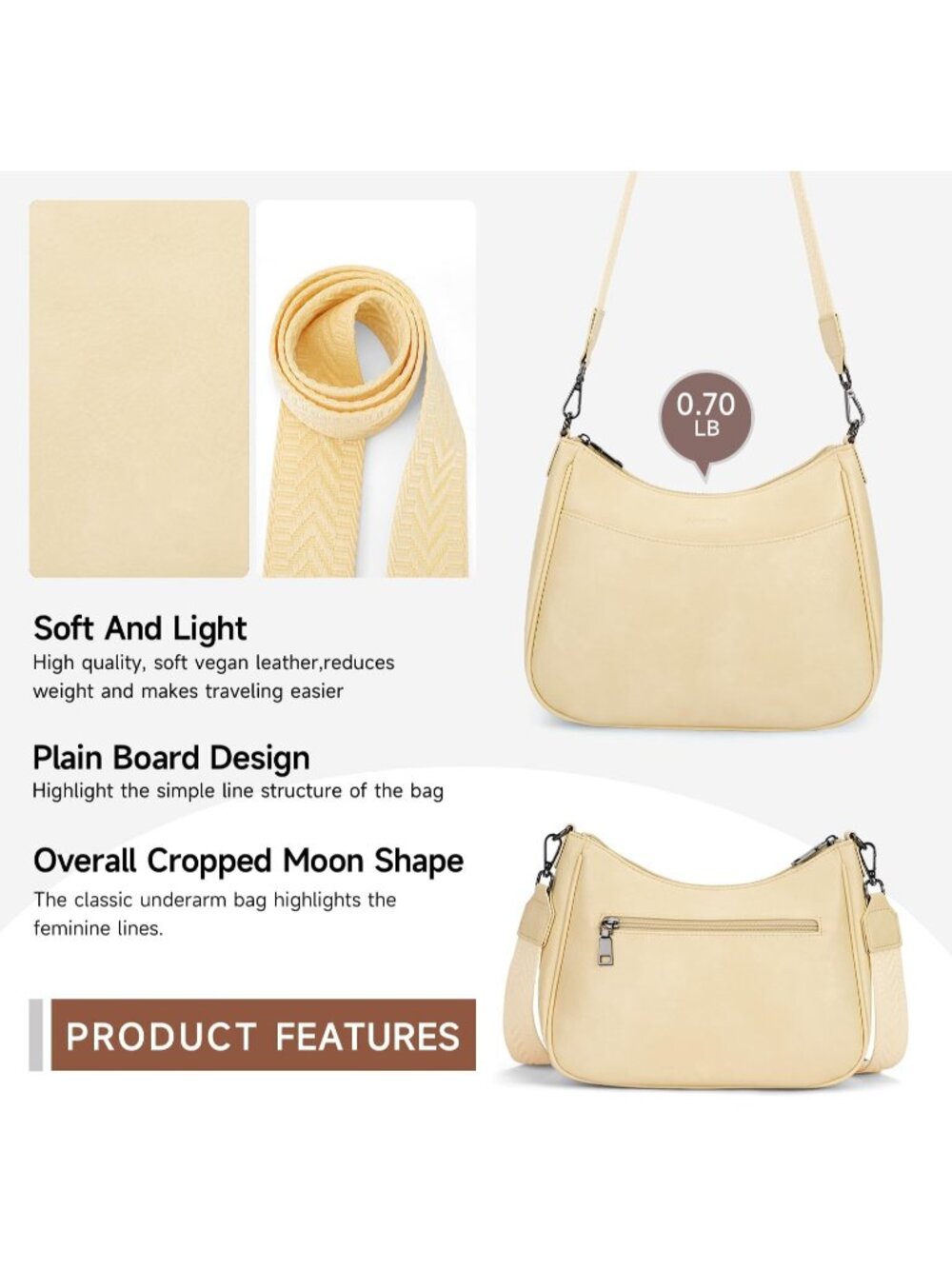 👜Women's Light Yellow Leather Crossbody Purse Shoulder Bag Wide Strap Travel - Picture 5 of 6